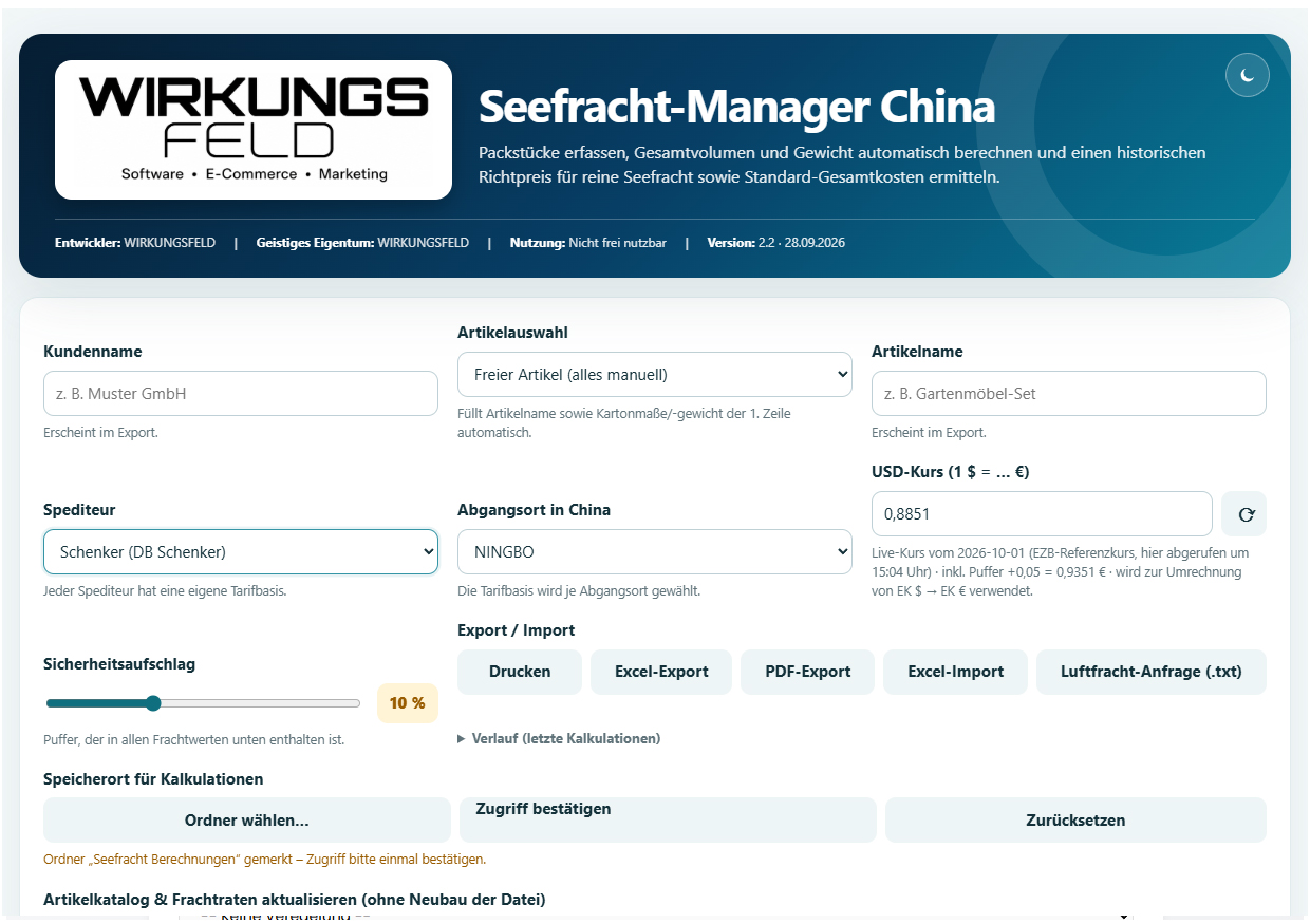 Oberfläche des Import Managers: Eingabemaske für Kunde, Spediteur, Abgangshafen, USD-Kurs und Sicherheitsaufschlag